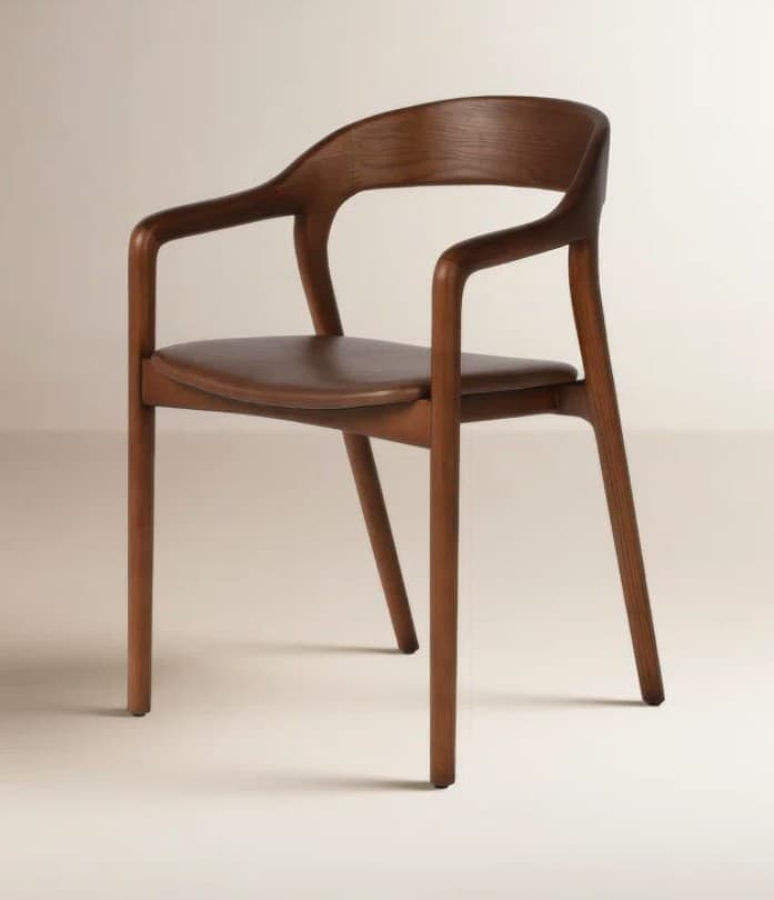 A medium-brown wooden chair featuring a gracefully curved backrest and integrated armrests. The seat is upholstered in a dark brown, likely faux leather material. The chair stands on four straight, subtly tapered legs, presenting a sleek and modern aesthetic. — 3D model