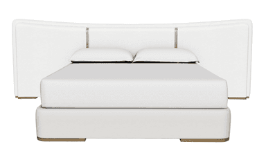 A modern upholstered bed with a striking curved headboard extending to the sides. The headboard is primarily white with subtle horizontal seam details and decorative brass-colored accents. The bed frame is low-profile and also upholstered in a light neutral color, possibly white or a very light gray. It rests on short, minimalist feet with brass-colored trim at the corners. Two white pillows are placed on the mattress, which is covered with white bedding. — 3D model