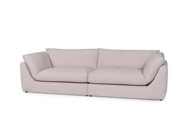 A modern, low-profile sofa with a modular design, featuring two seat cushions and plush back cushions. The sofa has rounded edges and appears to be upholstered in a light-colored fabric. It is presented on a black background. — 3D model
