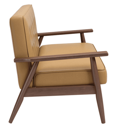 A mid-century modern style loveseat featuring a visible dark wood frame and tan, button-tufted upholstery. It has two distinct seat cushions and sloped, tapered wooden legs, with integrated wooden armrests. — 3D model