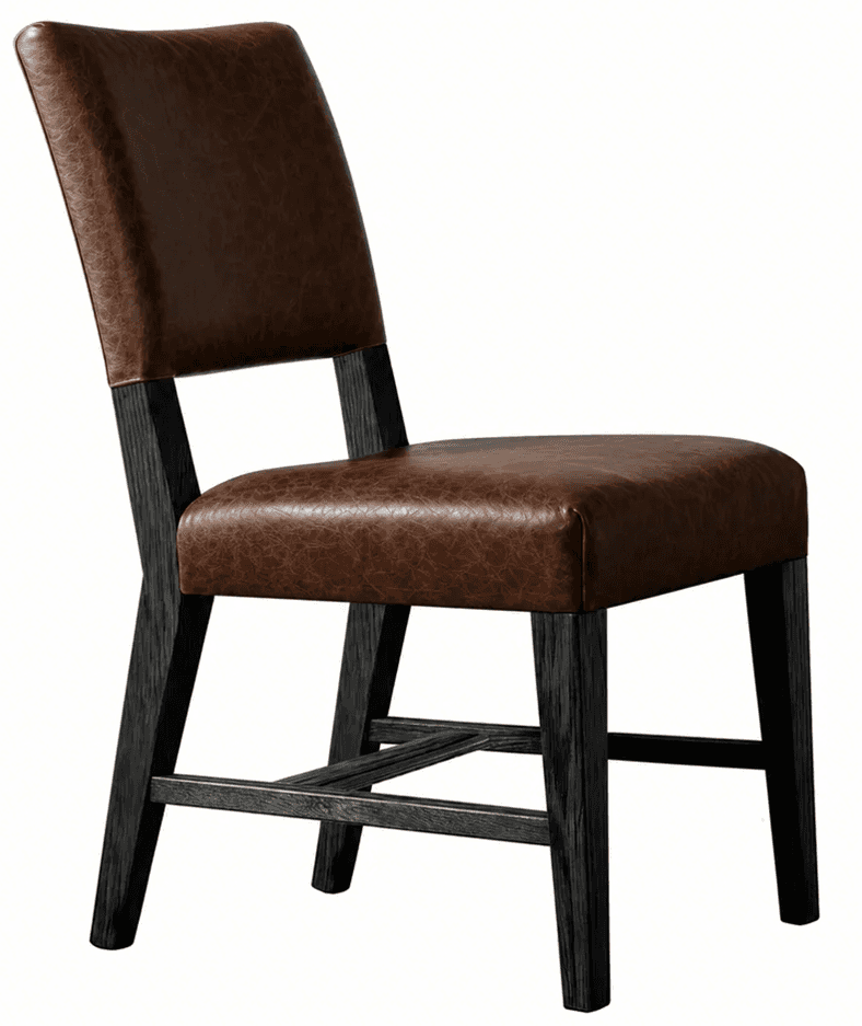 A contemporary dining chair featuring a padded, brown distressed faux leather upholstery for both the seat and the slightly curved backrest. The frame is constructed from dark, possibly black or charcoal, finished wood, showing a subtle grain. The chair has a sturdy, armless design with straight front legs and slightly splayed back legs, connected by support stretchers. — 3D model