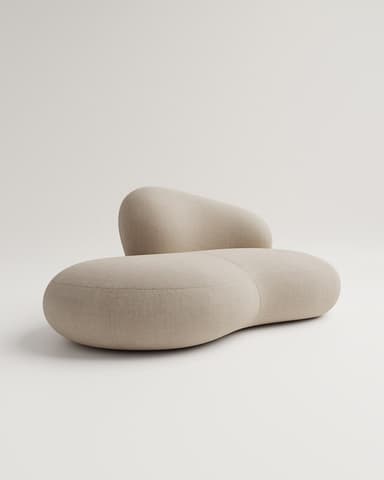 A modern, biomorphic upholstered seating unit, possibly a modular sofa component, featuring a fluid, pebble-like form covered in a light beige fabric. Another similar, smaller piece is visible in the background, suggesting a modular or multi-piece lounge arrangement. — 3D model