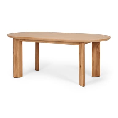 An oval dining table crafted from light-colored solid oak wood, featuring a smooth, rounded tabletop and four thick, rectangular-profile legs. — 3D model