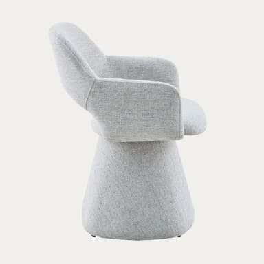 A contemporary light grey upholstered chair featuring a rounded backrest, integrated armrests, and a wide, conical pedestal base, all covered in a textured fabric. — 3D model