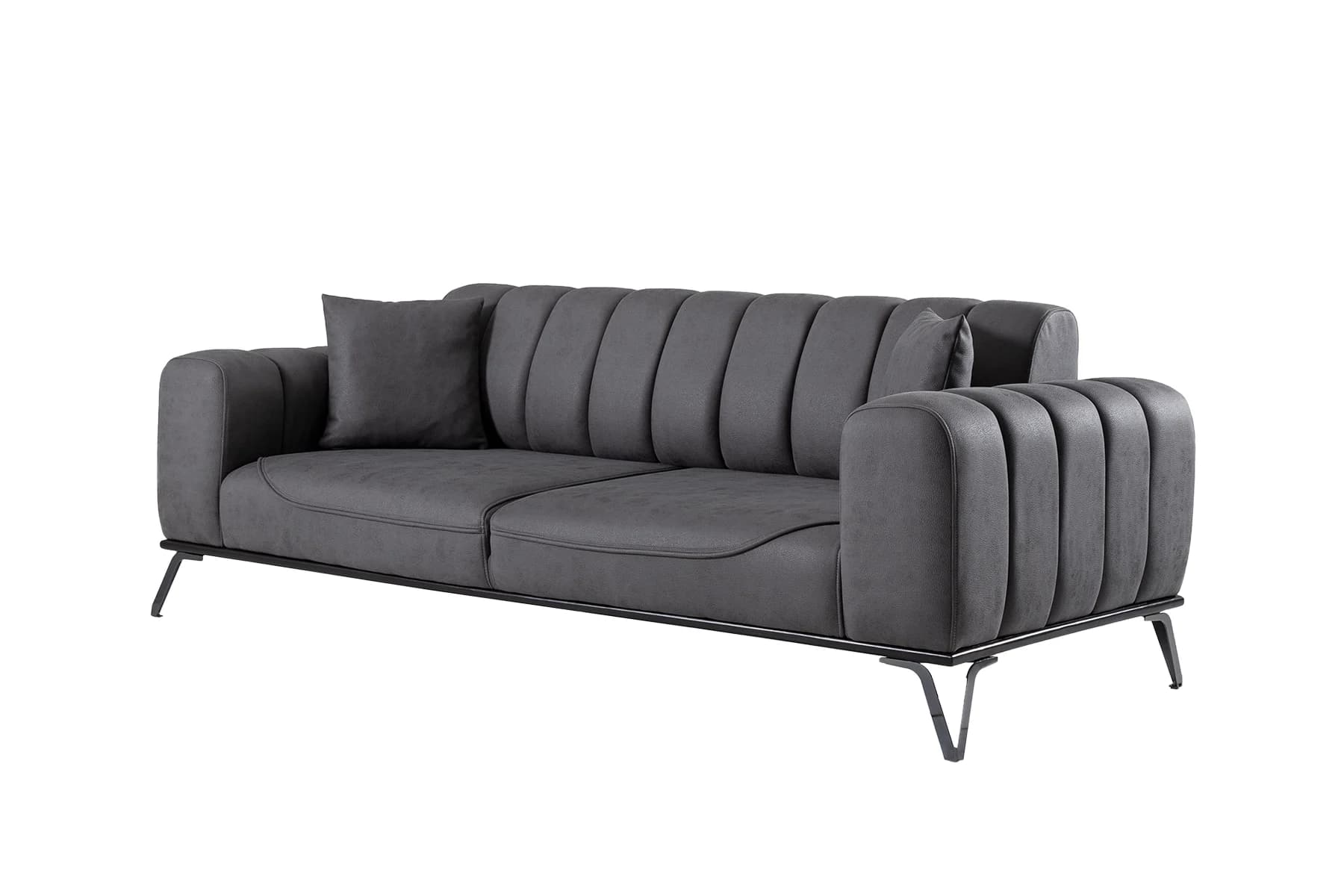 A contemporary two-seater sofa upholstered in dark gray fabric, featuring distinctive channel-tufting on the backrest and rounded arms. It includes two seat cushions and two small throw pillows, all supported by slender, angled black metal legs. — 3D model