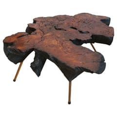 A unique, irregularly shaped coffee table crafted from a large, thick slab of dark wood. The wood features prominent grain patterns, natural cracks, and a heavily textured, almost charred edge on some sections. The surface is finished to a sheen, revealing the natural contours and imperfections of the wood. It is supported by three slender, copper-colored metal legs with black protective feet. — 3D model