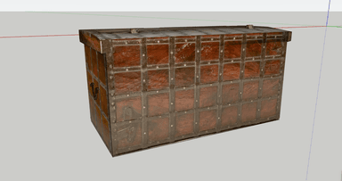 A robust, rectangular wooden storage chest, heavily adorned and reinforced with metal. The chest features a dark-stained wood body with numerous vertical and horizontal brass strips secured by visible rivets. The top edge includes intricate brass patterned inlay. Two prominent, ornate iron latches are positioned centrally on the front, providing a secure closure. The overall aesthetic is traditional and sturdy, indicative of antique craftsmanship. — 3D model