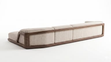 An L-shaped modern sectional sofa featuring a light beige fabric upholstery and a prominent dark stained wooden frame that forms the base and extends into the armrests. — 3D model