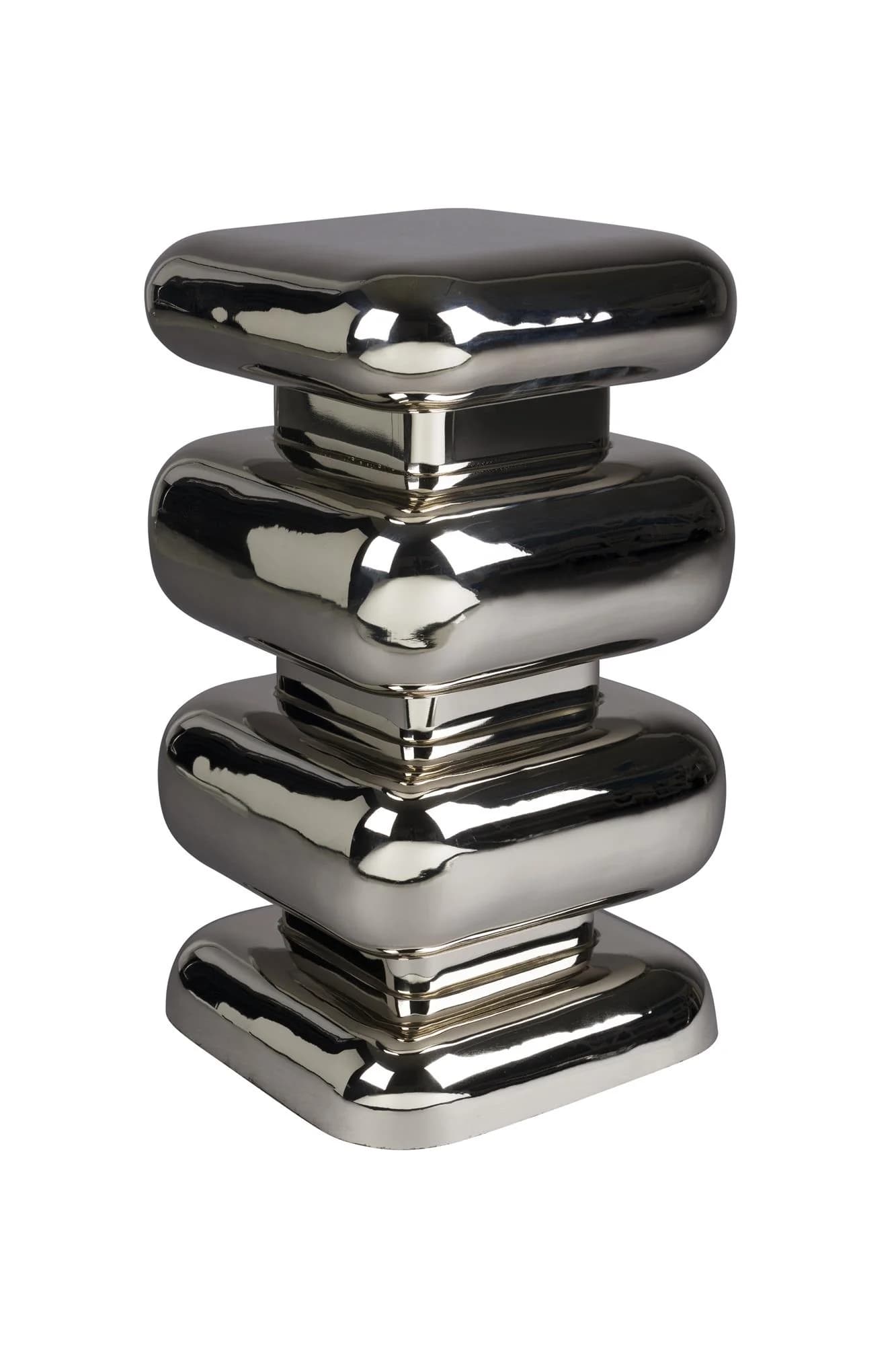 A side table with a stacked, abstract design. The structure consists of four rounded, square-like blocks stacked vertically. Each block is slightly indented from the one below it, creating a tiered effect. The overall form is smooth and highly reflective, with a polished chrome finish. — 3D model