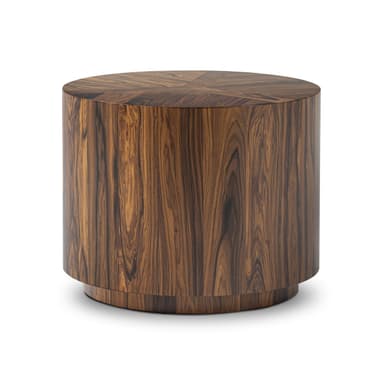 A cylindrical end table with a flat, circular top and a slightly flared base. The table features a prominent wood grain pattern arranged in a geometric radial design on the top surface and vertically on the cylindrical body. The overall form is modern and substantial. — 3D model