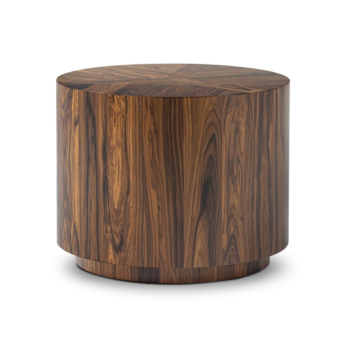 A cylindrical end table with a flat, circular top and a slightly flared base. The table features a prominent wood grain pattern arranged in a geometric radial design on the top surface and vertically on the cylindrical body. The overall form is modern and substantial. — 3D model