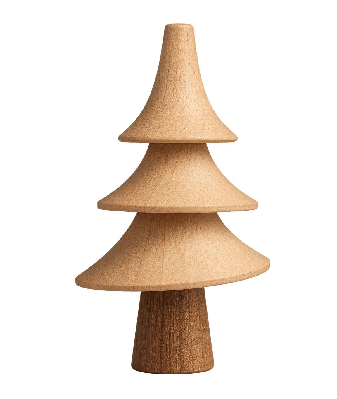 A close-up, high-key studio shot of a decorative wooden sculpture, stylized as a tree. The sculpture consists of a stack of three conical, disc-like shapes, progressively smaller from bottom to top, made from light-colored wood. These 'branches' are balanced atop a cylindrical base made from a darker wood, creating a subtle two-tone effect. The wood surfaces are smooth with visible natural grain. The top-most 'branch' tapers into a small, rounded point. The object is symmetrical and stands upright, conveying a minimalist and natural aesthetic. — 3D model