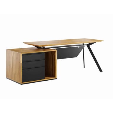 A modern L-shaped desk with a wooden countertop and black drawer units. The desk features a cantilevered section supported by a black metal leg structure. The left side of the desk includes a set of three black drawers and an open shelving unit. — 3D model
