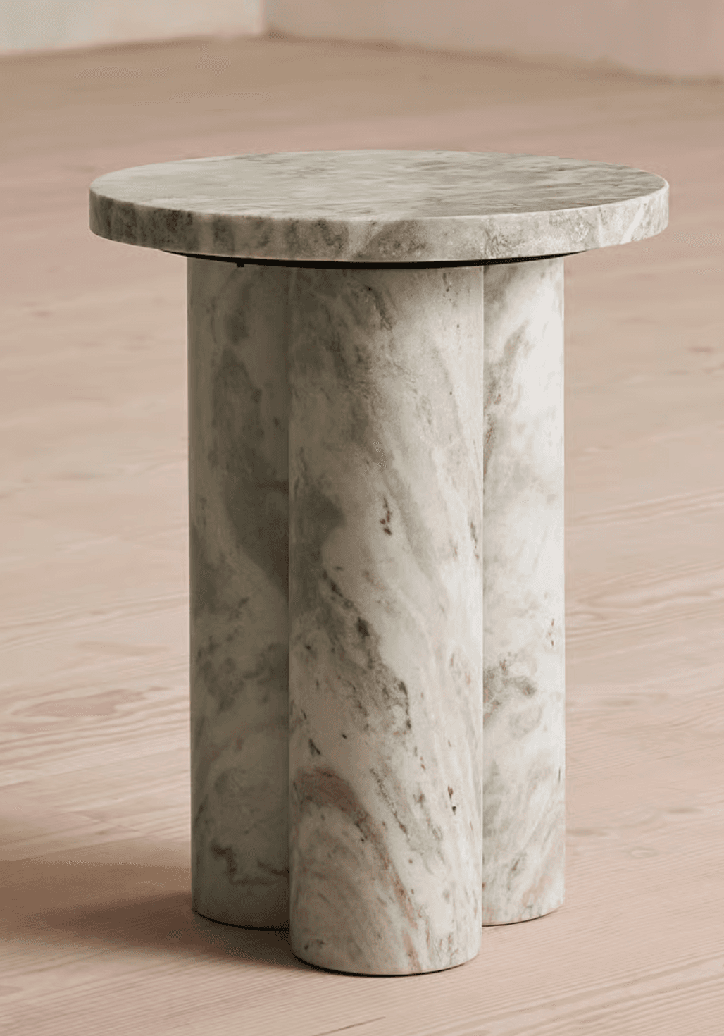 A round-topped side table with a tri-columnar base. The tabletop is a flat disc, and the base consists of three cylindrical legs that appear to be fused together at the top, supporting the tabletop. — 3D model