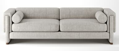 A modern, upholstered sofa with a rectilinear design. It features a low profile, clean lines, and broad, integrated armrests that flow into the backrest. The sofa is upholstered in a textured, light grey fabric and includes one cylindrical bolster pillow. The base is supported by a dark, low plinth. — 3D model