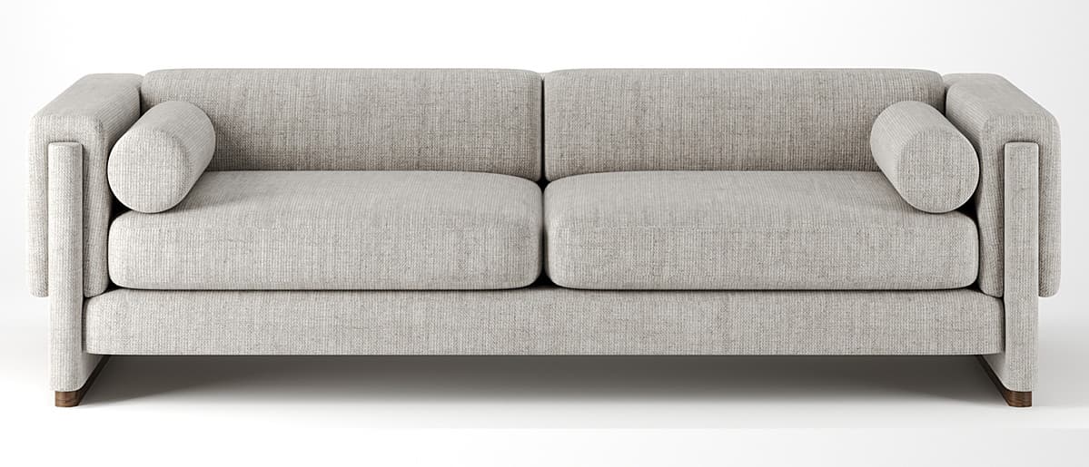 A modern, upholstered sofa with a rectilinear design. It features a low profile, clean lines, and broad, integrated armrests that flow into the backrest. The sofa is upholstered in a textured, light grey fabric and includes one cylindrical bolster pillow. The base is supported by a dark, low plinth. — 3D model