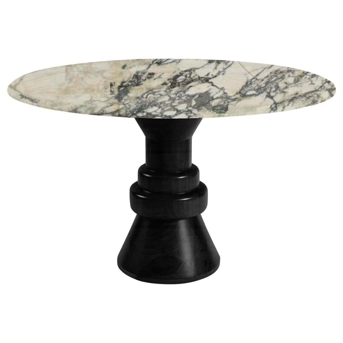 An elegant side table featuring an oval marble tabletop and a distinctive sculptural turned wood base. The marble top is light-colored with prominent grey and black veining. The base is crafted from black stained wood, presenting a bold, architectural profile with stacked, rounded elements leading down to a flared foot. — 3D model