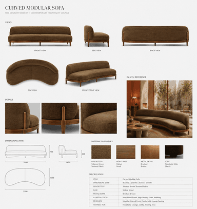 A curved sofa with a wooden frame and upholstered seating. The sofa features a continuous curved backrest and seat, supported by a low-profile, bentwood frame. Four tapered wooden legs provide support. — 3D model