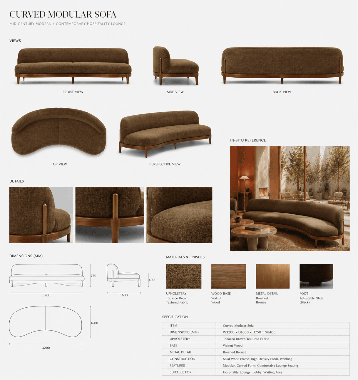 A curved sofa with a wooden frame and upholstered seating. The sofa features a continuous curved backrest and seat, supported by a low-profile, bentwood frame. Four tapered wooden legs provide support. — 3D model