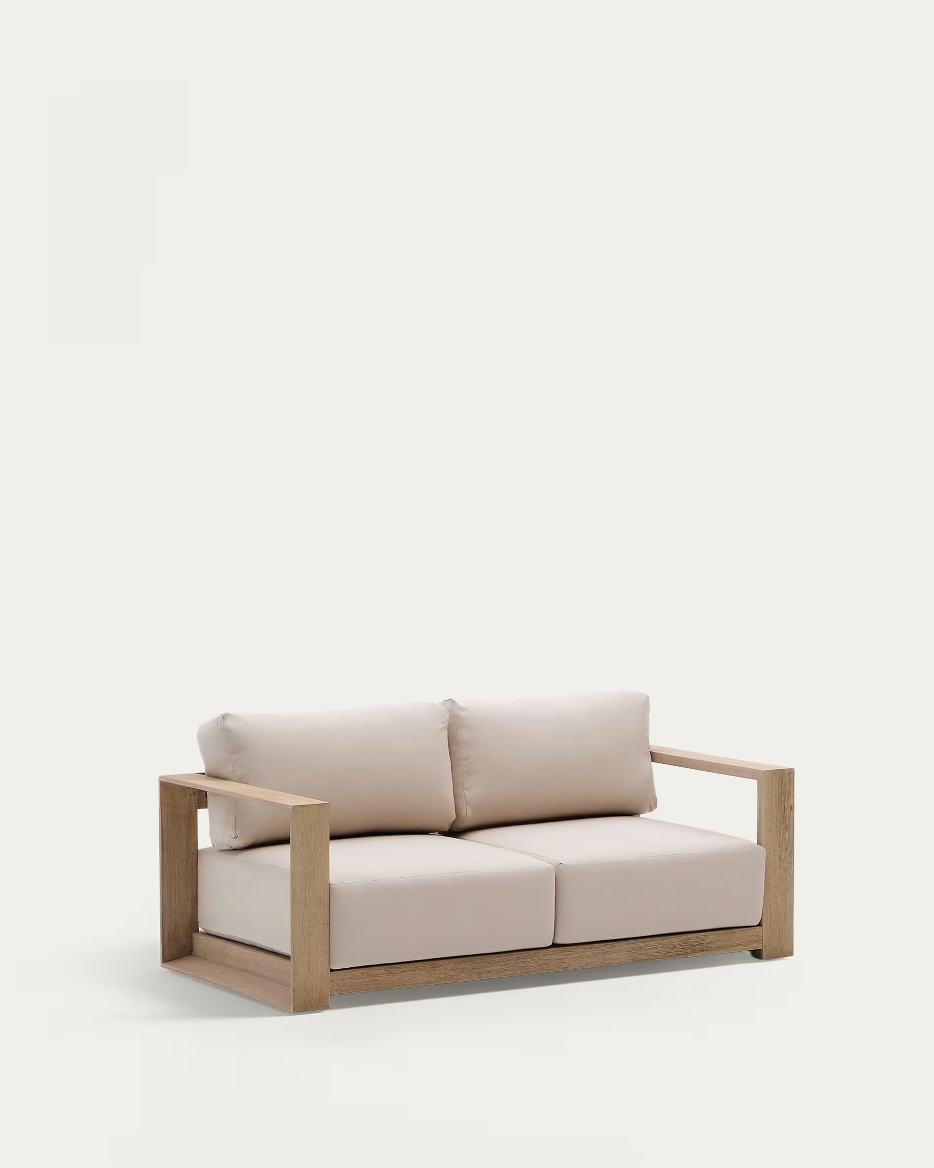 A two-seater sofa with a modern, minimalist design. It features a sturdy wooden frame with exposed grain, forming the arms and base. The seating and back cushions are upholstered in a light, neutral fabric. The overall aesthetic suggests it could be suitable for outdoor use. — 3D model