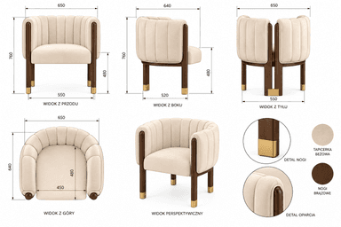 A stylish barrel-shaped armchair featuring vertical channel tufting on its cream-colored upholstery. The chair rests on four dark wooden legs, each capped with a polished brass accent. Its design evokes a contemporary aesthetic with Art Deco influences. — 3D model