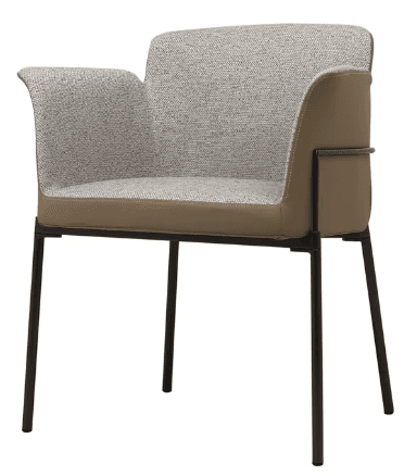 A contemporary upholstered armchair featuring a light grey textured fabric on the seat and backrest, complemented by a solid dark metal frame and legs. The backrest and armrests form a single, curvilinear unit, with the arms subtly flaring outwards at the top. A contrasting light beige band of material, possibly leather or vinyl, wraps around the base of the seat cushion. — 3D model