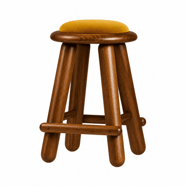 A three-legged stool with a circular, upholstered seat and a wooden frame. — 3D model