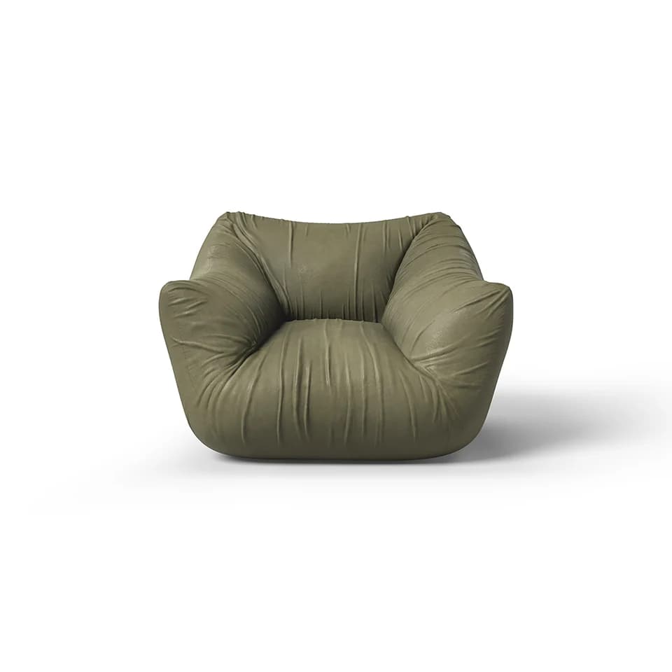 A contemporary, low-profile lounge chair featuring voluminous, plush upholstery in an olive green color. The chair has soft, rounded lines with integrated armrests and a deep seat, suggesting a high level of comfort and a relaxed aesthetic. — 3D model