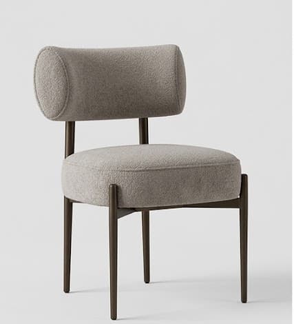 A contemporary accent chair featuring a plush, circular seat and a distinctive cylindrical bolster backrest, both upholstered in a textured, light gray fabric. The chair is supported by a slender, dark bronze-finished metal frame with four subtly tapered legs. — 3D model