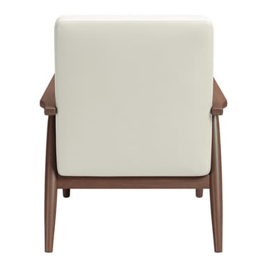 A stylish mid-century modern lounge chair featuring an exposed dark wooden frame and light-colored upholstered cushions. The chair has straight, flat wooden armrests and tapered, angled legs. The back and seat cushions are neatly upholstered with visible piping along the edges, suggesting a comfortable yet minimalist design. — 3D model