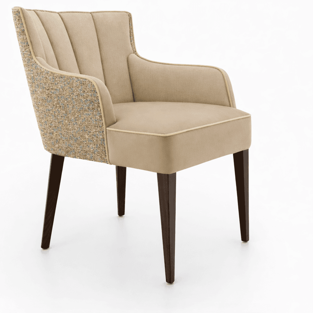 A fully upholstered armchair with a padded backrest featuring vertical tufting. The sides of the backrest and armrests are upholstered in a textured fabric with a woven pattern in shades of beige, blue, and grey. The seat cushion is also upholstered in a plain beige fabric. The chair is supported by four tapered wooden legs in a dark brown finish. Piping in a light yellow color outlines the edges of the seat cushion, armrests, and backrest. — 3D model