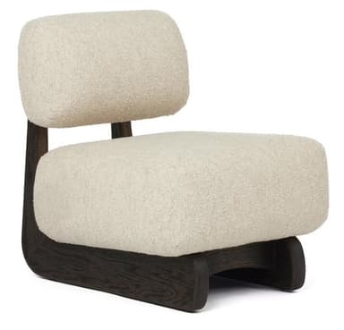 A modern, low-profile lounge chair featuring plush, off-white bouclé upholstery and a distinctive dark-stained wooden frame. The chair consists of a thick, cushioned seat and a separate, curved backrest, both generously upholstered. The solid wooden frame acts as both the base and the support for the backrest, showcasing smooth, rounded lines and a visible wood grain. — 3D model