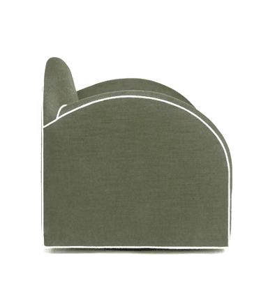 A single-seat armchair with a rounded back and arms, upholstered in a textured fabric. It features contrasting white piping along the edges of the arms, back, and base. The chair has a square, low-profile base that appears to be made of a polished metal. — 3D model