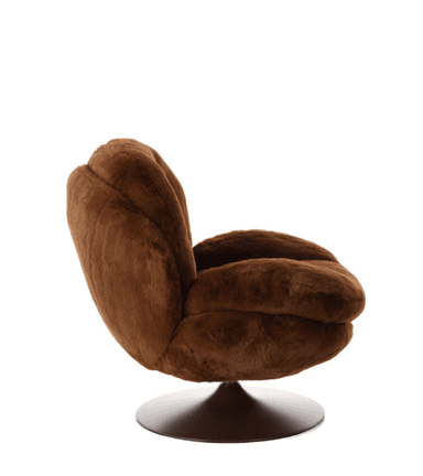A deep brown faux fur swivel lounge chair featuring a plush, enveloping design for maximum comfort. The chair sits on a flat, circular black metal base, allowing for 360-degree rotation. The upholstery has a soft, shaggy texture, and the seat and back appear to be subtly tufted or cushioned to enhance its inviting feel. Its rounded, substantial form gives it a cozy and contemporary aesthetic. — 3D model