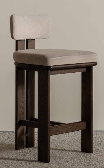 A backless bar stool with a light-colored upholstered seat and backrest, supported by a dark-stained wooden frame. The frame consists of four legs, a crossbar near the bottom for stability, and a visible joinery. — 3D model