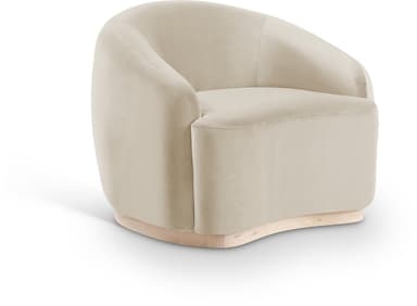 A contemporary armchair with a rounded barrel shape, upholstered in beige velvet-like fabric, and sitting on a curved light wood plinth base. — 3D model