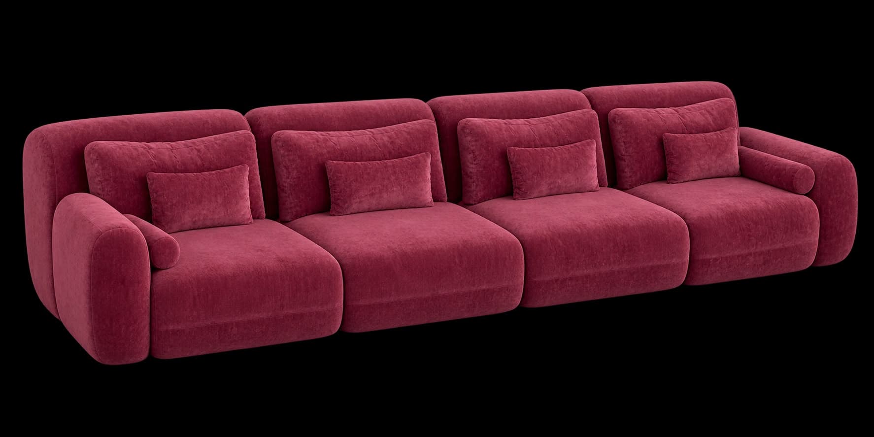 A contemporary modular sectional sofa upholstered in plush fuchsia velvet, featuring rounded edges and multiple sections with integrated backrests and armrests. — 3D model