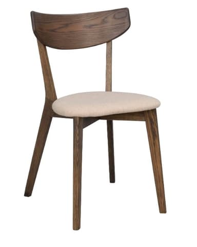 A modern armless dining chair featuring a dark-stained wooden frame, an upholstered seat in a light beige fabric, and a gently curved backrest. The legs are tapered, and the overall design is sleek and contemporary. — 3D model