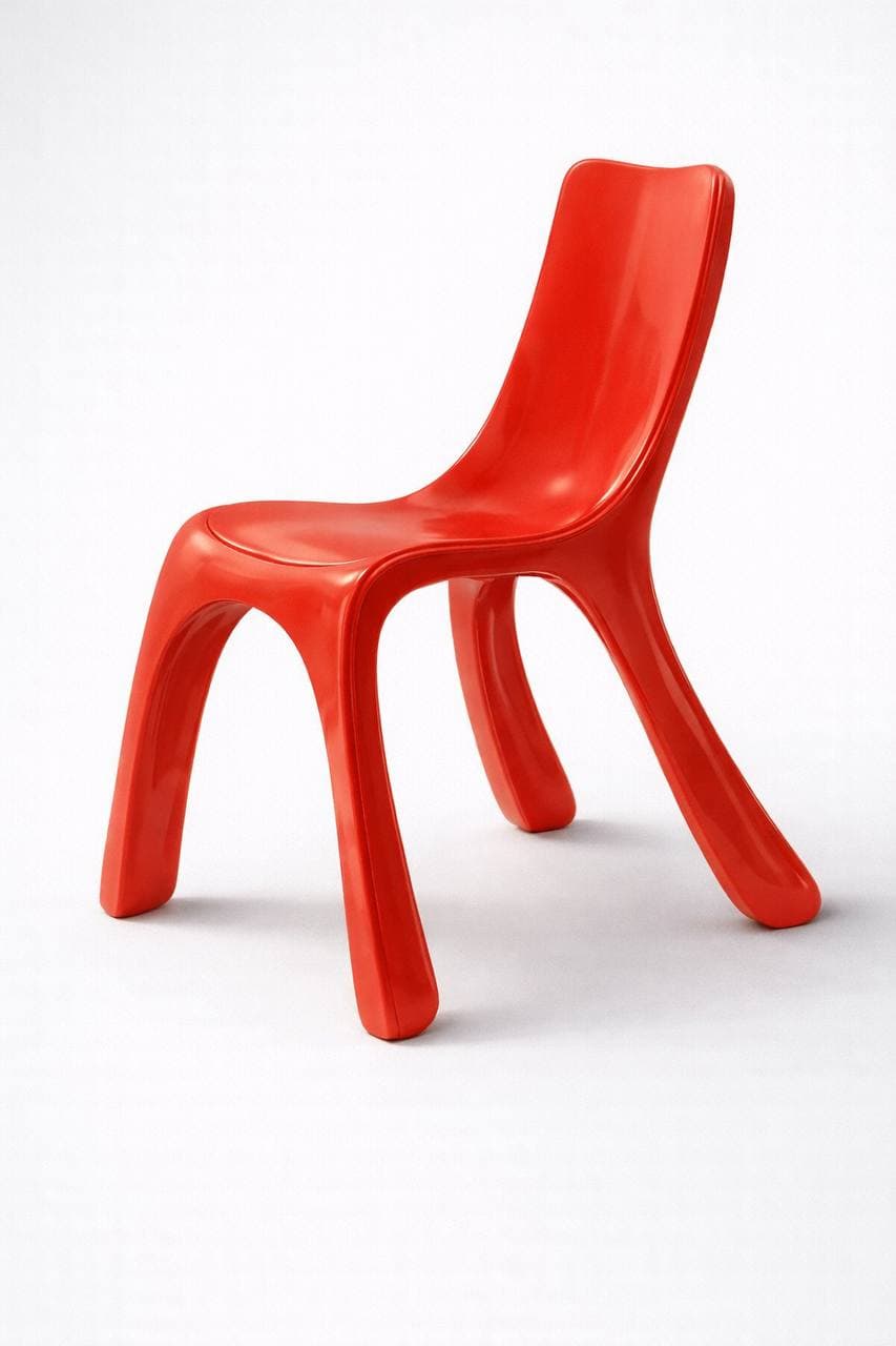 A bright red, molded plastic chair with a flowing, organic design. It features a high, curved backrest that seamlessly transitions into the seat. The base consists of four distinctive legs that curve outwards and downwards, giving it a unique silhouette. The entire piece appears to be constructed from a single piece of molded material, likely plastic, with a glossy finish. — 3D model