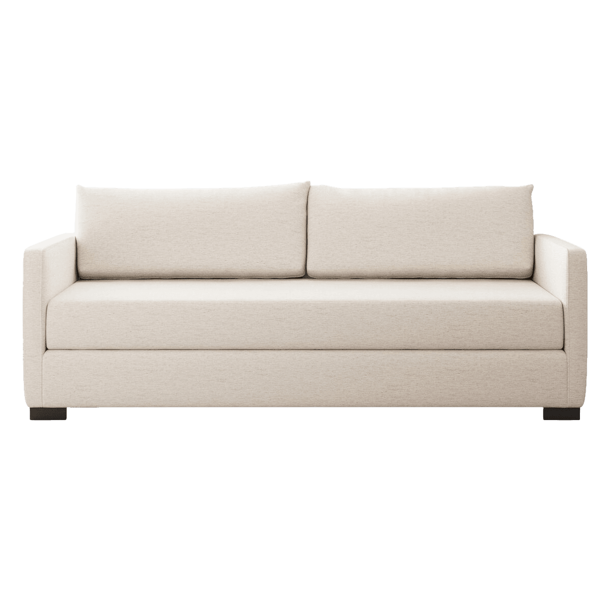 A contemporary, minimalist sofa with a clean-lined silhouette. It features a low profile, straight arms, and two large seat cushions. The back cushions are also substantial and rectangular, providing ample support. The sofa is upholstered in a textured fabric and stands on low, dark-colored legs that are barely visible. — 3D model