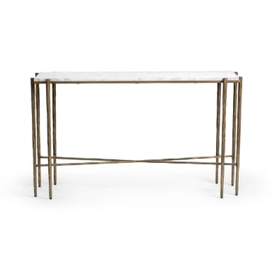 A rectangular console table featuring a white marble top and a metallic base. The base consists of four slender legs with an irregular, textured surface, connected by a crossbar at the lower section. The legs appear to be made of metal with a textured, antique brass or bronze finish. — 3D model