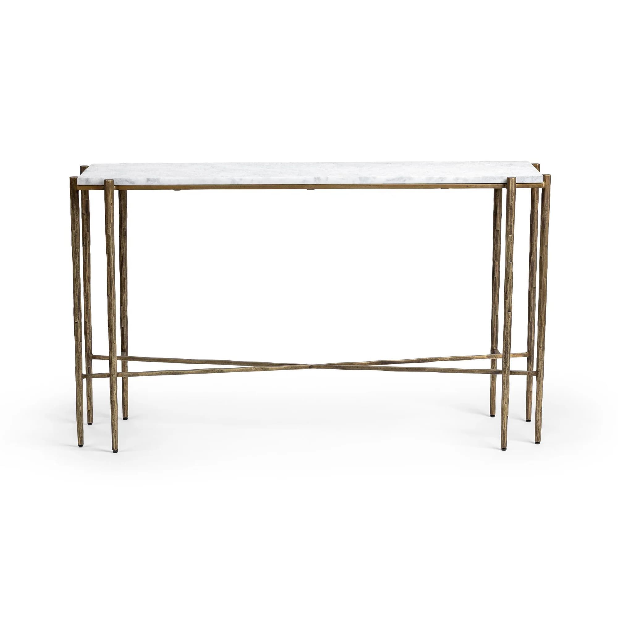 A rectangular console table featuring a white marble top and a metallic base. The base consists of four slender legs with an irregular, textured surface, connected by a crossbar at the lower section. The legs appear to be made of metal with a textured, antique brass or bronze finish. — 3D model