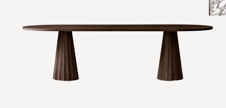 A modern dining table with an elongated oval tabletop and two tapered pedestal bases. The bases feature vertical fluting, adding a textured visual element. The tabletop appears to be made of wood, while the bases share a similar dark wood finish. — 3D model