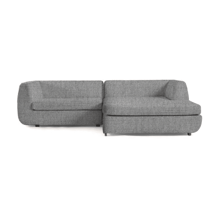 A modern two-piece modular sectional sofa upholstered in a light grey textured fabric, featuring a low profile and integrated cushions. — 3D model