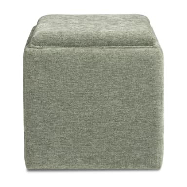 A square, cube-shaped ottoman fully upholstered in a textured sage green fabric, featuring a removable top that conceals an internal storage compartment. — 3D model