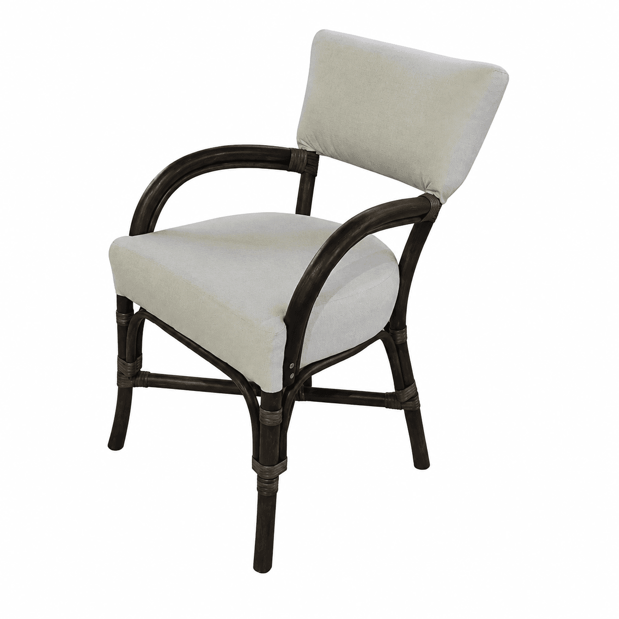 A dark brown rattan armchair with upholstered seat and back cushions in a light cream or off-white fabric. The frame is constructed from curved rattan poles, with a woven detail around the joints of the legs and armrests. The seat cushion is square, and the back cushion is rectangular and slightly angled. — 3D model