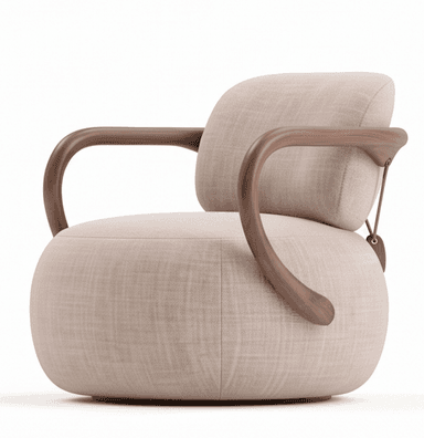 A contemporary lounge chair featuring a plush, rounded, upholstered seat and backrest, supported by an exposed wooden armrest frame and a unique metal rod and strap suspension system for the backrest. The design emphasizes organic forms and a sophisticated interplay of materials. — 3D model