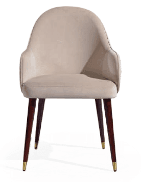 A single armchair with a curved backrest and armrests. The seat and back are upholstered in a smooth, light-colored fabric. The sides of the backrest feature a textured fabric in a neutral tone. The chair is supported by four tapered wooden legs, dark brown in color, with brass-colored caps at the feet. — 3D model