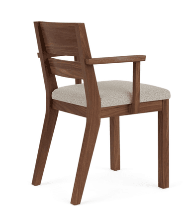 A modern armchair constructed from dark brown wood, featuring a light grey upholstered seat. The chair has a minimalist design with straight front legs and gently curved back legs. The backrest is composed of a solid top rail and a lower horizontal slat, complementing the straight armrests. — 3D model