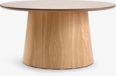 A round coffee table with a tapered pedestal base. The tabletop is flat and circular, while the base widens from a narrow top to a wider bottom, giving it a stable and robust appearance. The wood grain is clearly visible, suggesting a natural wood construction. — 3D model